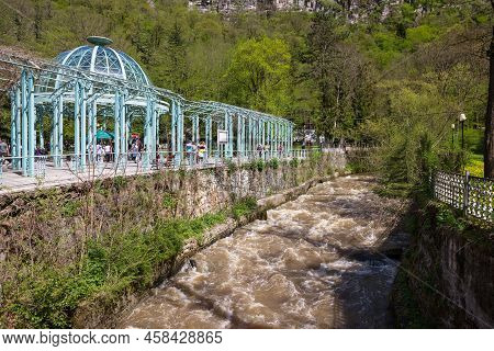 Borjomi, Georgia - May 15, 2022: Borjomi Famous Balneary Resort Town In Georgia, Mountain View.
