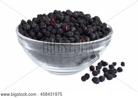 Freeze Dried Blueberries In Bowl On White Background
