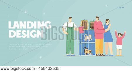 Family With Kid In Pet Shop Flat Vector Illustration. Happy Mother, Father And Daughter Taking Dog F