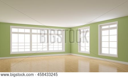 Corner Of The Interior With Light Green Walls, Three Large Windows, Glossy Parquet Floor And A White
