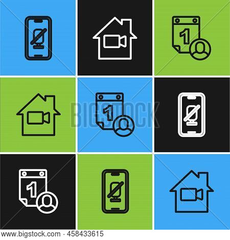 Set Line Mute Microphone On Mobile, Time Management And Video Camera Off In Home Icon. Vector
