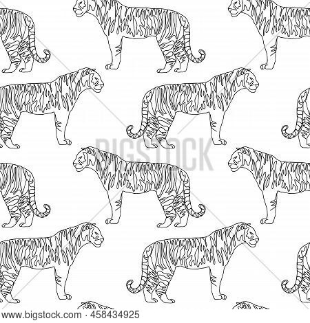 One Line Seamless Pattern Of Tiger Isolated On White. Black Outline. Modern Stock Illustration Of Th