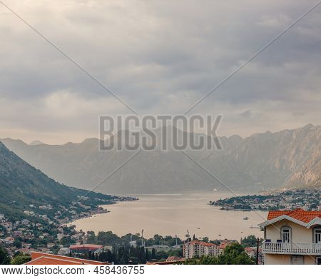 Sunset At Kotor Bay Montenegro. Sunset Beautiful Landscape. Travel Concept. Montenegro, Kotor Bay. V