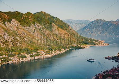 Superyacht In The Waters Between Mountains Of Montenegro, Kotor
