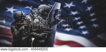 Armed Special Forces Group On The Background Of The American Flag. War Concept. Swat Group. Antiterr