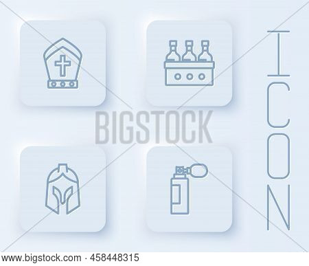 Set Line Pope Hat, Bottles Of Wine, Roman Army Helmet And Perfume. White Square Button. Vector