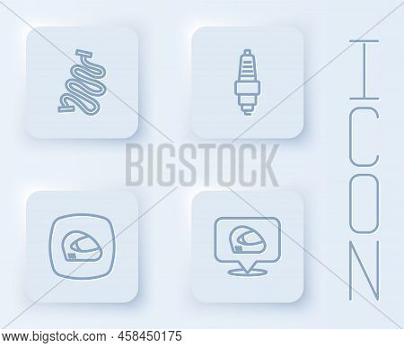 Set Line Racing Track, Car Spark Plug, Helmet And . White Square Button. Vector