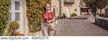 Banner, Long Format Woman Tourist Enjoying Colorful Street In Old Town Of Perast On A Sunny Day, Mon