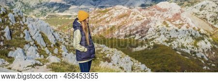 Banner, Long Format Woman Traveller In Mountain Landscape At National Park Lovcen, Montenegro. Trave