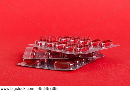 Too Many Different Pill Cartridges Stacked. Selective Focus. Packs Of Blister Pills With Tablets. Co