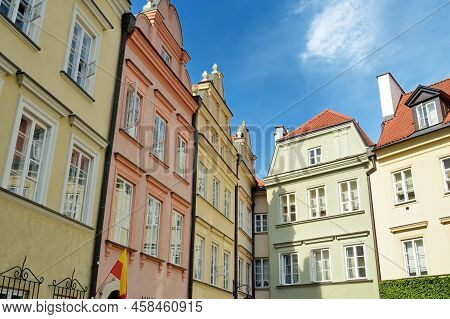 Colourful Buildings Of Warsaw's Old Town Market Square, Which Was Completely Destroyed During The Wo