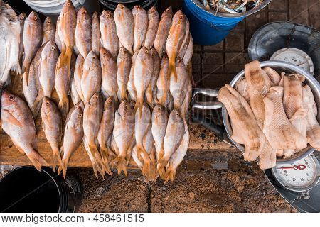 Top View Of Fresh Fish And Chops For Sale At The Bluefields Dock Market