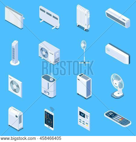 Home Climate Control Isometric Icons With Floor Table And Tower Fans Air Conditioner Heat Curtain El