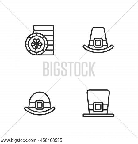 Set Line Leprechaun Hat, Golden Leprechaun Coin And Icon. Vector