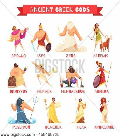 Ancient Greek Gods 12 Strip Cartoon Figures Set With Zeus Poseidon Hera Hermes Athena Isolated Vecto