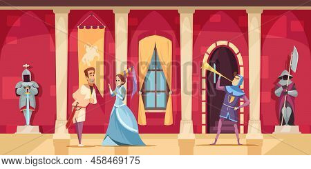 Medieval Castle Hall Interior Flat Carton Composition Set With Lord Lady Horn Blower Armed Guards Ve