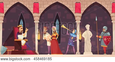 Medieval Castle Interior Cartoon Banner With King On Throne Lord Lady Knight Guard Horn Blower Vecto