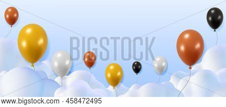 3d Shiny Balloons In Clouds Border. Blue Cloudy Sky And Metallic Render Glossy Helium Balloons. Bron