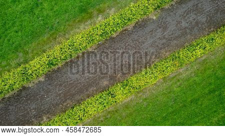 Garden Detail In Aerial View With Sand Path Going Between Two Hedges. High Quality Photo