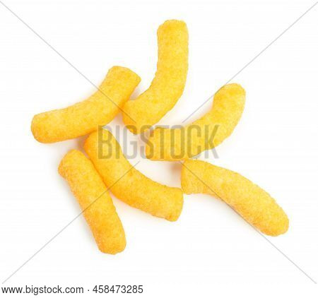Tasty Cheesy Corn Puffs Isolated On White, Top View