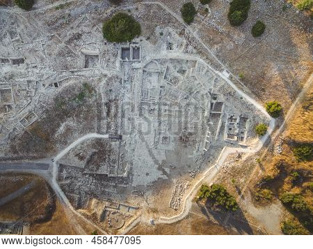 Aerial View Of Amathounta Ruins And Columns At Ancient Greek Roman Archaeological Site At Agios Tych
