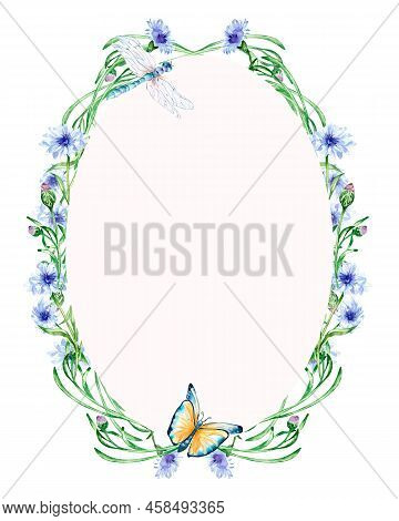 Frame With Meadow Blue Flowers, Butterfly Watercolor Illustration Isolated.