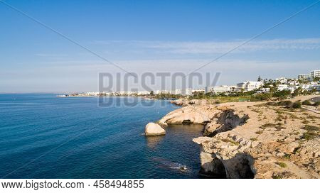 Aerial View Of Coastline And Landmark Love Bridge And Sea Caves, At Cavo Greco, Ayia Napa, Famagusta