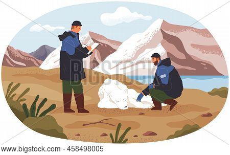 Scientists Exploring Nature And Making Notes. Researchers Analyze Wildlife Of Arctica. Environmental