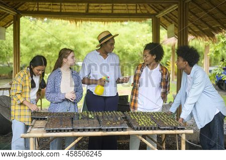 Group Of Mixed Race Students And Teacher Learning Agriculture  Technology In Smart Farming , Educati