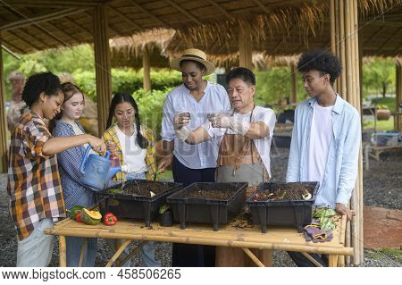 Group Of Mixed Race Students And Teacher Learning Agriculture  Technology In Smart Farming , Educati