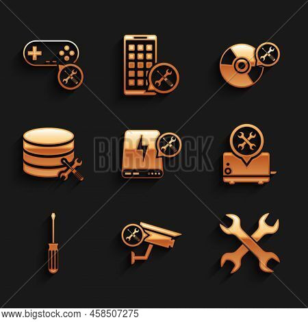 Set Power Bank Service, Security Camera, Crossed Wrenchs, Toaster, Screwdriver, Database Server, Cd 