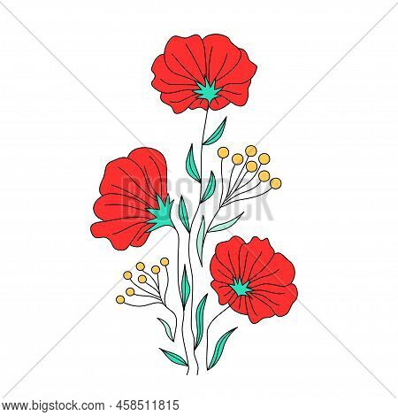 Wild Flowers And Umbrella Flowers Design, Botanical Color Thin Line Doodle. Floral Motifs For Tattoo