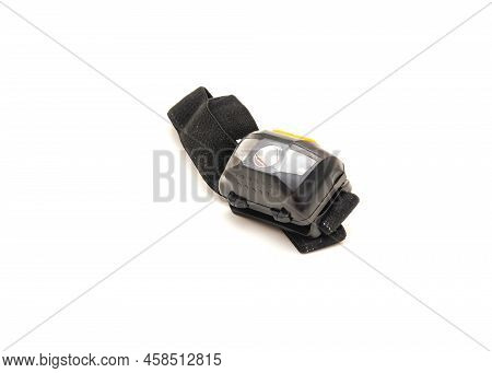 Elastic Band And Black Headlamp With White Led Bulb Isolated On White Background