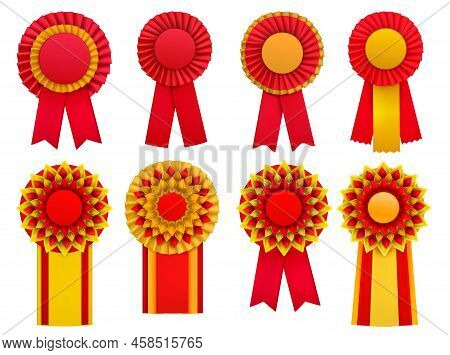 Red Golden Yellow Decorative Medal Awards Circulair Rosettes Badges Lapel Pins With Ribbons Realisti
