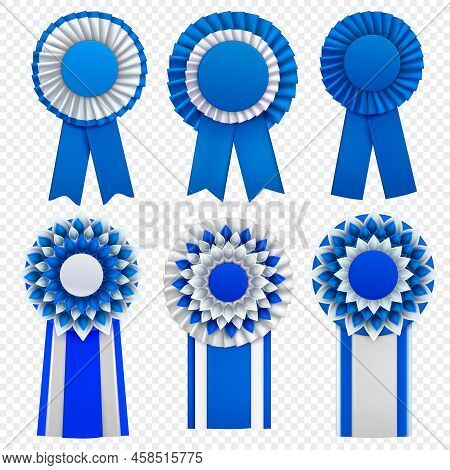 Blue Decorative Medal Awards Circulair Rosettes Badges Lapel Pins With Ribbons Realistic Set Transpa