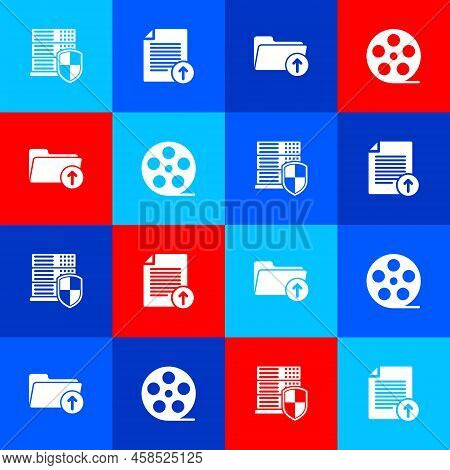 Set Server With Shield, Upload File, Download Arrow Folder And Film Reel Icon. Vector