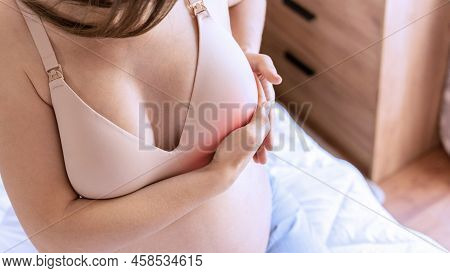 Breast Pain Self Exam. Young Pregnancy Woman Examining Breast For Signs Lumps. Breast Self Exam. Hea