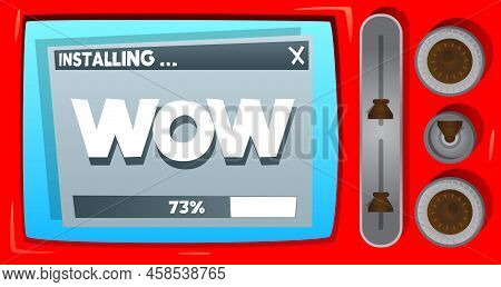 Cartoon Computer With The Word Wow. Message Of A Screen Displaying An Installation Window.