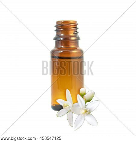 Neroli Essential Oil In The Dark Glass Bottle And Orange Tree Fragrant Flowers Isolated Png.