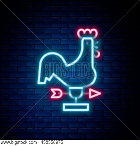 Glowing Neon Line Rooster Weather Vane Icon Isolated On Brick Wall Background. Weathercock Sign. Win