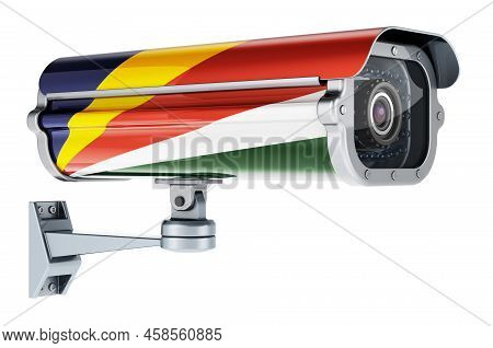 Surveillance Camera With Seychelloise Flag. 3d Rendering Isolated On White Background