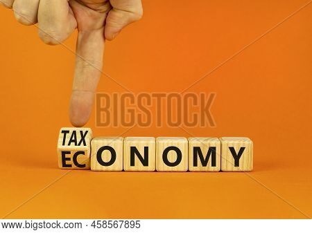 Taxonomy Or Economy Symbol. Businessman Turns Wooden Cubes And Changes The Concept Word Economy To T