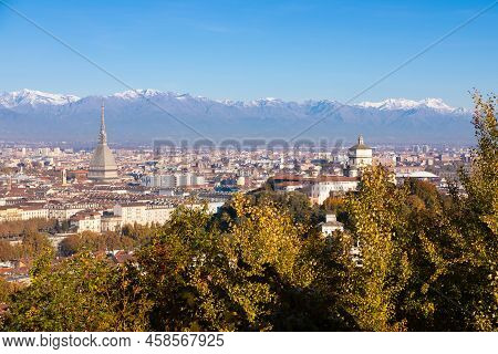 Turin, Italy - Circa November 2021: Panorama With Alps And Mole Antonelliana,. Skyline Of The Symbol