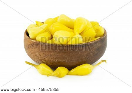 Fresh Yellow Chubby Hot Pepper Pickle Isolated On White Background, Marinated Or Canned Peppers