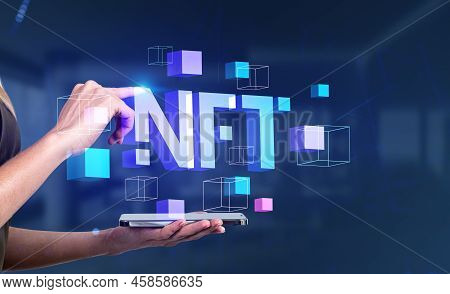 Woman Finger Touch Phone And Digital Blocks With Nft Neon Digital Hologram. Cryptoart And Token Crea