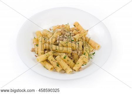 Prepared Short Tube-shaped Grooved Pasta Mixed With Stuffing Of Boiled Chopped Pork, Fried Onion And