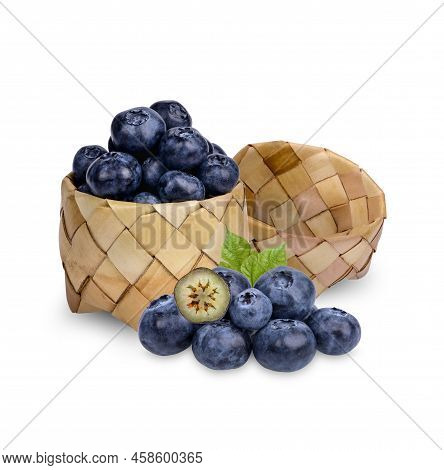 Fresh Blueberry In Kratip Sticky Rice With Leaves Isolated On White Background