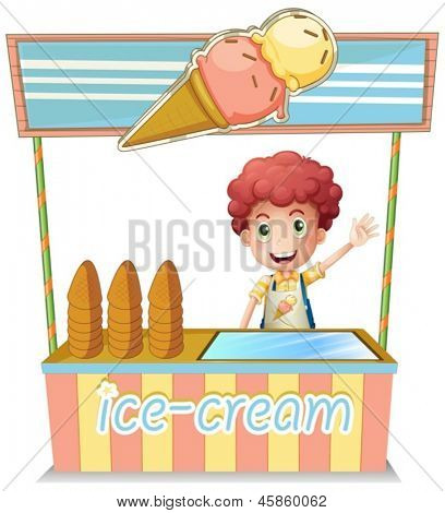 Ilustración de un chico vendiendo helado sobre un fondo blanco