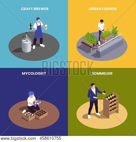 Modern Food Industry Professions 2x2 Design Concept With Sommelier Craft Brewer Mycologist And Urban
