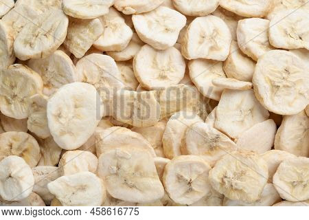 Closeup Of Freeze Dried Bananas As Background, Top View